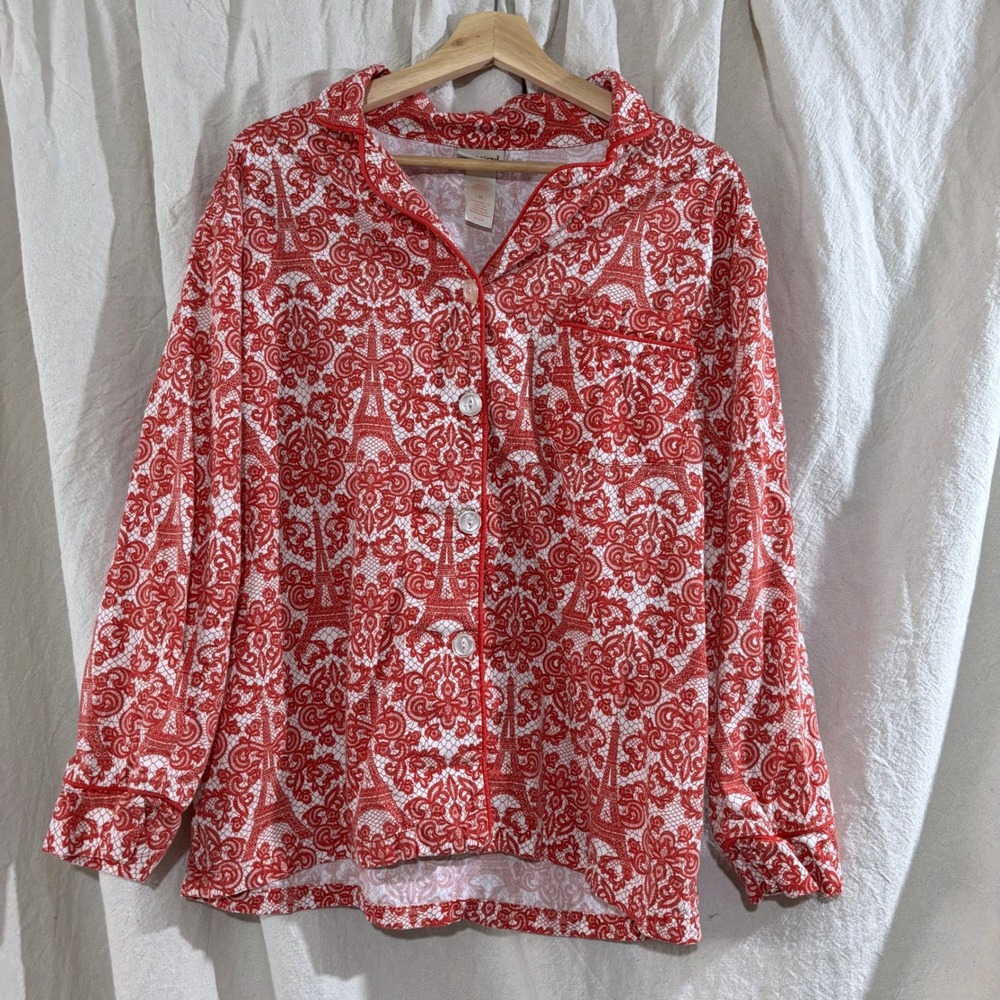 BedHead Pajamas Womens Red White Eiffel Tower Damask Cotton Sleep Shirt Top M